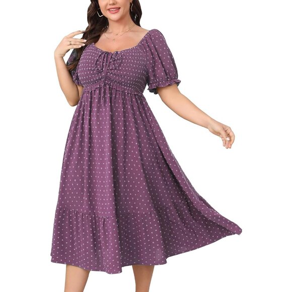 Dresses & Skirts - Plus Size Summer Dress Polish Dot Puff Short Sleeve Smocked Ruffle Casual Midi